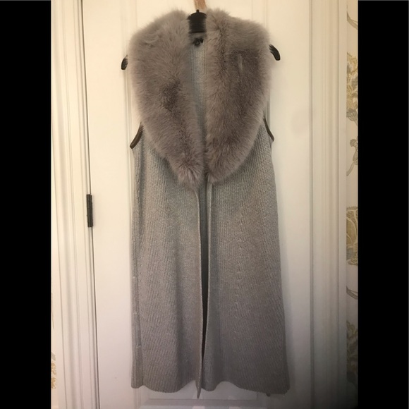 NWOT Talbots Faux Fur Collar Rib Knit Duster Length Vest in Dove Gray - Picture 1 of 6